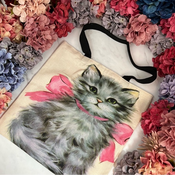 Eco-Friendly Gray Persian Kitten with Pink Bow Folding Tote Bag - Picture 4 of 13